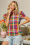 BiBi Short Puff Sleeve Washed Vintage Plaid Top