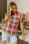 BiBi Short Puff Sleeve Washed Vintage Plaid Top