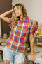 BiBi Short Puff Sleeve Washed Vintage Plaid Top