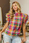 BiBi Short Puff Sleeve Washed Vintage Plaid Top