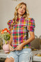 BiBi Short Puff Sleeve Washed Vintage Plaid Top
