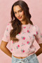 SO ME Floral Pattern Knit Puff Sleeves Sweater Top