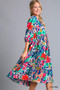 Umgee Floral Print Tie Neck Midi Dress with Pockets