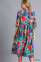 Umgee Floral Print Tie Neck Midi Dress with Pockets