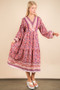VERY J Floral Printed Boho V-Neck Balloon Sleeve Dress