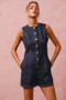 SO ME Button Up Front Washed Denim Sleeveless Romper