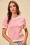 SO ME Gingham Knit Ruffled Short Sleeves Sweater Top