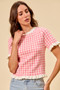 SO ME Gingham Knit Ruffled Short Sleeves Sweater Top