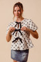 SO ME Bow Texture Woven Peplum Top With Contrast Tie