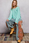 POL Round Neck Long Sleeve Exposed Seam Top with Chest Pocket
