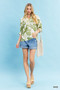 Umgee Leafy Damask Print Blouse with Contrast Scalloped Trim Detail