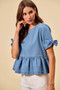 SO ME Denim Bow Detail Short Sleeves Peplum Top