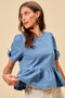 SO ME Denim Bow Detail Short Sleeves Peplum Top