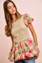BiBi Floral Printed Bubble Sleeves and Hem Peplum Top