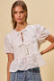 SO ME Cotton Eyelet Front Tie Short Sleeves Blouse
