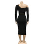 Women's Fashion Solid Slash Shoulder Long Sleeve Metal Chain Belt Dress