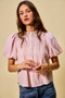 SO ME Gingham Lace Trim Button Bubble Sleeves Blouse