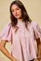 SO ME Gingham Lace Trim Button Bubble Sleeves Blouse