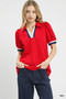 Umgee Puff Sleeve Zip Front Top with Contrast Striped Trim