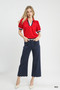 Umgee Puff Sleeve Zip Front Top with Contrast Striped Trim