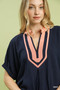 Umgee Linen Contrast Trim V-Neck Blouse