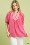 Umgee Solid Contrast Trim Pleated Top