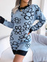 Wind Autumn and Winter Contrast Color Flower Long Sleeve Basic Knitting Sweater Dress