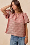 BiBi Jacquard Woven Short Balloon Sleeves V Neck Top