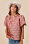 BiBi Jacquard Woven Short Balloon Sleeves V Neck Top