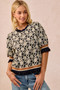BiBi Textured Rose Knit Top Contrast Banded Puff Sleeve