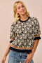 BiBi Textured Rose Knit Top Contrast Banded Puff Sleeve