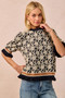 BiBi Textured Rose Knit Top Contrast Banded Puff Sleeve