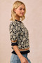 BiBi Textured Rose Knit Top Contrast Banded Puff Sleeve