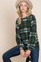 BOMBOM Curved Hem Plaid Round Neck Long Sleeve Top