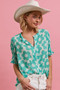 BiBi Flower Printed Woven Smocking Sleeves V Neck Top