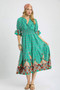 Umgee Printed Smocked Waist Flounce Sleeve Midi Dress