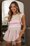 BiBi Multi Stripe Ruffled Neck Tiered Back Open Button Top