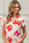 BiBi Bow Printed Woven Ruffled Sleeves V Neck Top