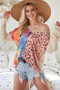 BiBi Print Block V Neck Top with Contrast Stitching