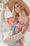 BiBi Print Block V Neck Top with Contrast Stitching