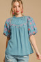 Umgee Full Size Embroidered Puff Sleeve Mock Neck Top Plus Size