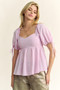 Davi & Dani Solid Elastic Peplum Puffed Sleeves Blouse
