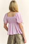 Davi & Dani Solid Elastic Peplum Puffed Sleeves Blouse