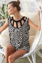 BiBi Leopard Printed Soft Rib Knit Front Sut Out Top