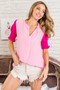BiBi Air Flow Color Block Puff Sleeves V Neck Top