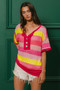 BiBi Multi Color Stripe Hacci Button Detail Ringer Top