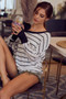 BiBi Stripe Yarn Dye Waffle One Shoulder Ribbon Detail Top