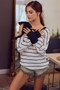 BiBi Stripe Yarn Dye Waffle One Shoulder Ribbon Detail Top