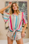 BiBi Multi Stripe Woven V Neck Top with Long Front Tie