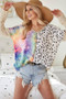 BiBi Print Block V Neck Top with Contrast Stitching